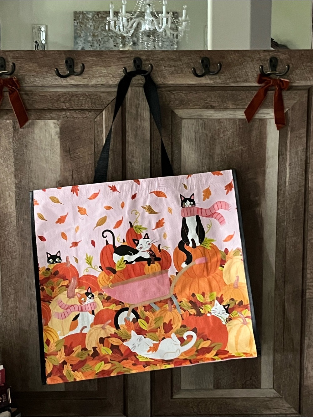 Autumn Cat & Pumpkin Reusable Tote Bag in Pink